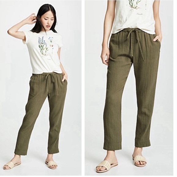 XiRENA Gauze Pull On Drawstring Pants Stone Green 100 Cotton Plissé Sz M 2Pc Set - Picture 2 of 16